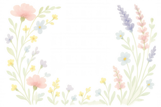 Watercolor floral border creating a delicate pastel garden frame with an open space on a transparent background