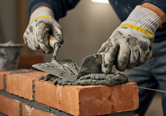 A bricklayer uses a trowel to apply mortar to bricks, constructing a sturdy wall