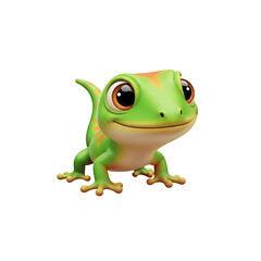Obraz premium A charming, cartoon-style gecko with vibrant green skin, orange markings, and large, expressive eyes, smiling.