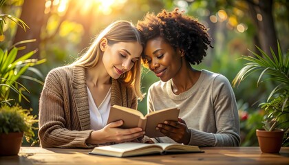 Two friends enjoying a shared moment of reading a book outdoors amidst lush greenery and warm sunlight.