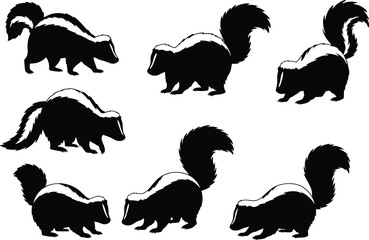 Skunk silhouette vector collection, black and white animal design, walking, sitting, tail up, wildlife illustration, nature mammal art, woodland character