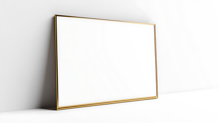 Blank artwork frame with gold trim leans against a bright white wall. Simple, minimalist scene offers customizable visual space.
