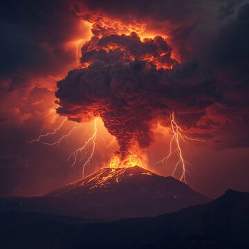 Epic volcanic storm with lightning bolts inside glowing eruption ash clouds.