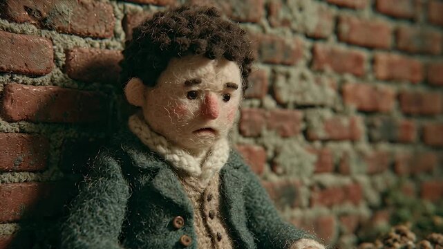 Upset puppet character sitting against brick wall in emotional scene  
