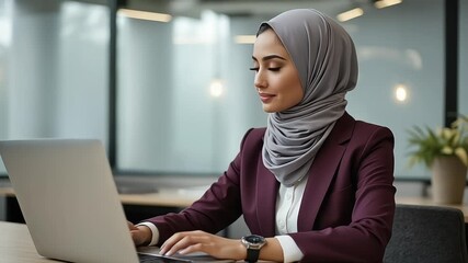 Confident businesswoman in hijab working on laptop in modern office setting - Powered by Adobe