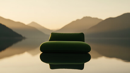A lone green sofa floats on a tranquil lake at sunset, framed by soft light and distant mountains, creating a serene and surreal scene.