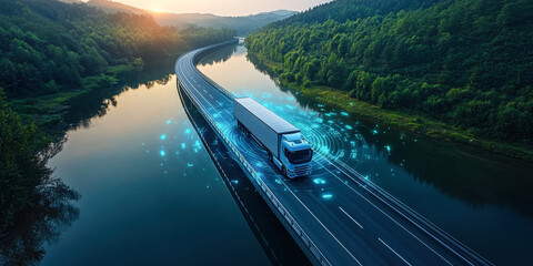 Autonomous truck driving on a road with digital data overlay