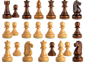 Classic Wooden Chess Pieces Set Isolated on White Background PNG