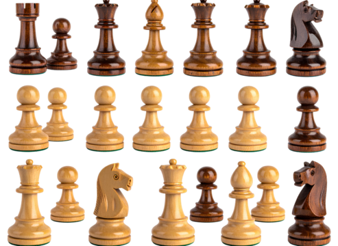 Classic Wooden Chess Pieces Set Isolated on White Background PNG