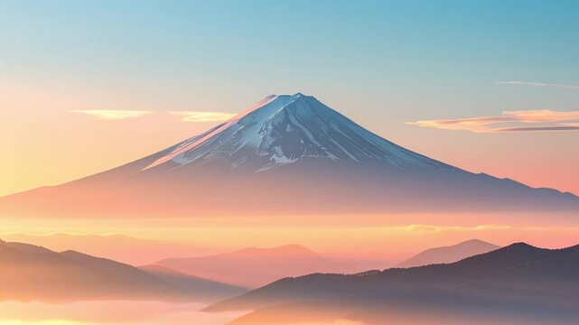 雪を被った冬の富士山と日の出の風景のタイムラプス  ドローン  雲海と幻想的な朝焼け  