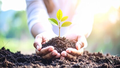 Close-up of hands nurturing a green seedling in sunlight, symbolizing nature care, growth, agriculture, environmental protection, and sustainability.