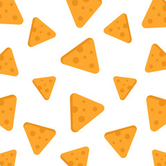 Seamless pattern of triangular cheese chips on white background, snack food illustration for packaging design, kitchen wallpaper, culinary decoration, fabric, and modern graphic projects