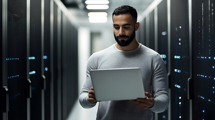 Engineer working with laptop in server room for database and network management. Data center professional with expertise in cybersecurity.