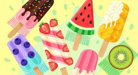 Assortment of Refreshing Fruit Popsicles and Slices on a Bright Yellow Background