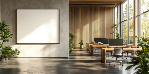 Bright office space with blank frame, plants, and natural light