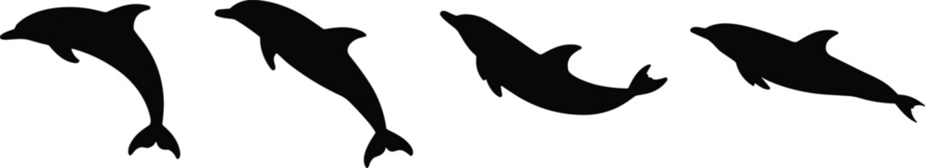 Dolphin silhouette, swimming dolphin, jumping dolphin, marine animal, ocean wildlife, sea creature, black vector, flat illustration, CAD drawing, minimal design