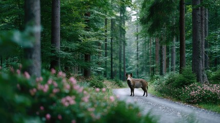 Wild Boar Standing Alert on Forest Path Surrounded by Green Trees and Pink Flowers Cinematic HDR Wildlife Photography