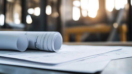 Architectural blueprints: plans for new constructions or renovations. Construction details, layouts, and dimensions on paper rolls, suggesting design and building.