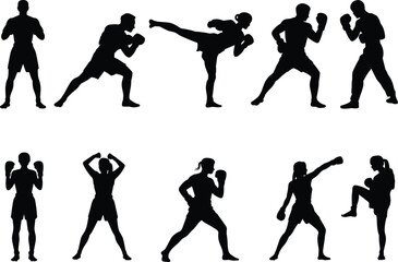 Martial arts silhouette, boxing pose vector, kickboxing icon set, combat stance illustration, cad drawing flat vector illustration, fighter clipart