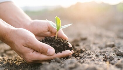 Close-up of hands nurturing a green seedling in sunlight, symbolizing nature care, growth, agriculture, environmental protection, and sustainability.