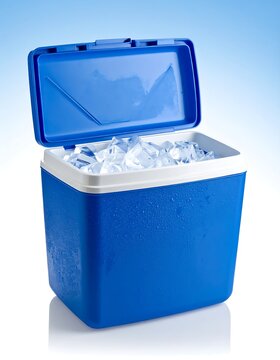 Blue plastic cooler with ice partially filled, on a reflective surface against a blue background
