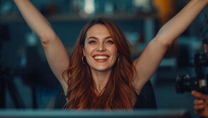 明るい職場環境で伸びをする女性の表情が前向きな社内文化やチーム活性を想起させ企業サイトや採用ページに使いやすい構図.生成AI