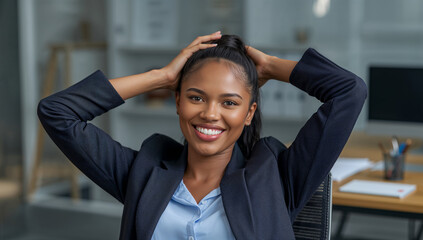 伸びと笑顔の組み合わせがポジティブな職場文化を演出しチームビルディング記事や求人広告に好適.生成AI