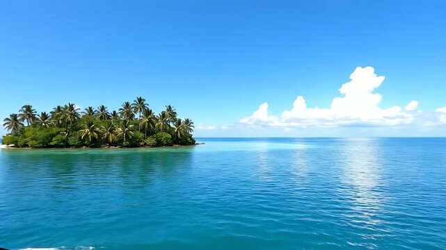 Captivating Ocean View from Boat Window, Small Island with Coconut Trees, Turquoise Water and Cloudy Sky, Tranquil Tropical Paradise Scenery