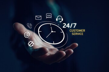 AI-powered virtual customer service assistant offering 24/7 digital support,featuring communication icons,automated system integration,smartphone access,and user-friendly helpdesk technology