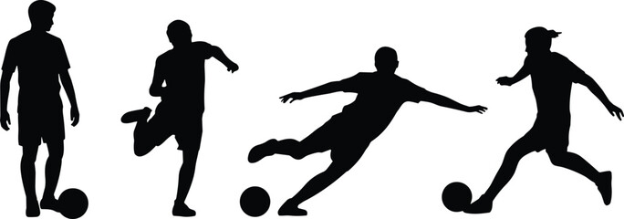 Soccer silhouette, football player, kicking pose, sports action, athlete icon, black vector, flat design, CAD drawing, dynamic movement, minimal illustration