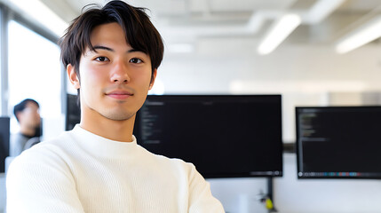 Portrait of an Asian professional in an office setting, exuding confidence and competence, likely in a tech or development role.