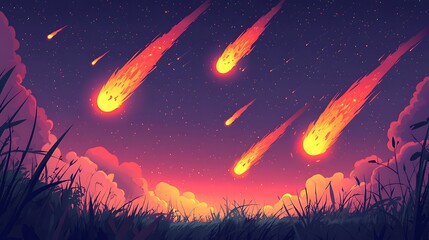 A cartoon landscape with shooting stars falling from the sky above a field of grass and clouds