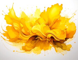 Abstract yellow floral splash, dynamic curves and flowing forms against white background
