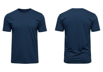 Naklejka premium Front and back view of a blank navy blue tshirt isolated on transparent background, perfect for showcasing your designs with ease and style