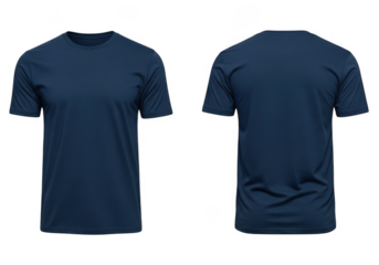 Front and back view of a blank navy blue tshirt isolated on transparent background, perfect for showcasing your designs with ease and style