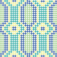 Geometric vector pattern with colorful flowers and round polka dots for a bright retro fabric design