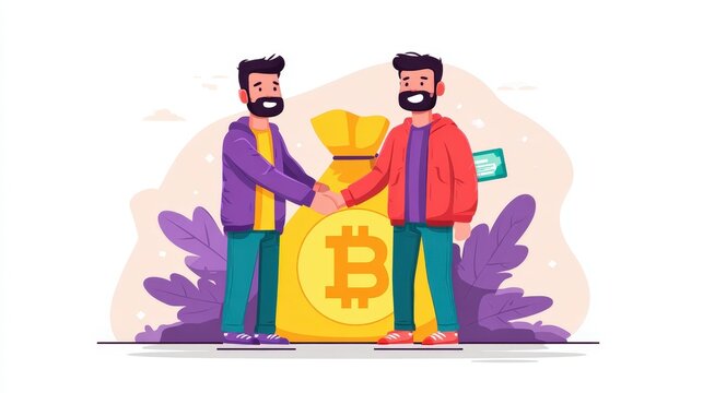 Crypto Deal: Two figures sealed a cryptocurrency transaction, standing shoulder-to-shoulder with a symbolic bitcoin treasure chest, representing a pivotal moment in the digital economy