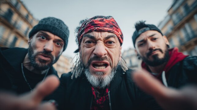 Street Attitude: A trio of expressive individuals stares intensely into the camera, their visages mirroring streetwise confidence, attitude, and raw energy.