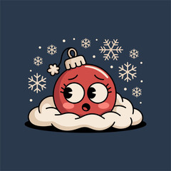 Sleeping snow doll character, winter hat and scarf, falling snowflakes background, adorable holiday mascot, cozy Christmas vector