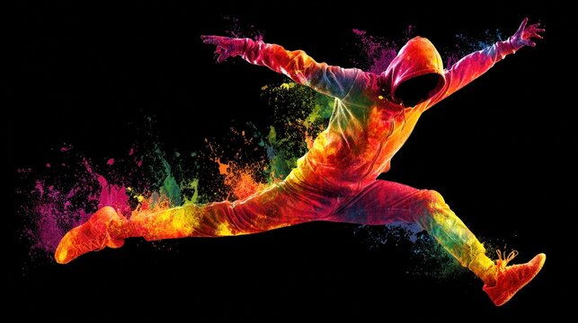 Dancing in a Rainbow: A dynamic dancer bursts into a mesmerizing dance, their form beautifully accentuated by a riot of colorful hues, celebrating life, art, and movement.