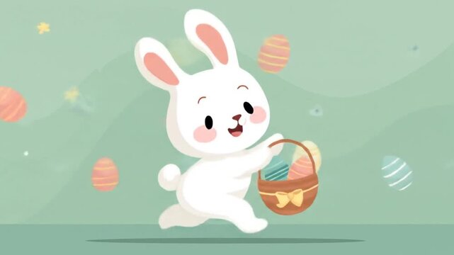 Cartoon bunny with basket of eggs on green background for holiday
