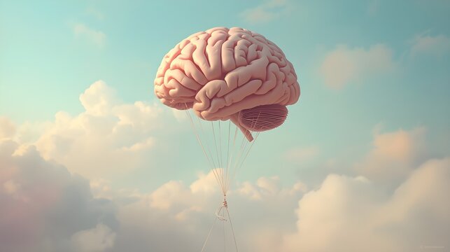 human brain floating in the air like a balloon, with a thin string attached to its base as if being held, soft dreamy atmosphere with pastel colors