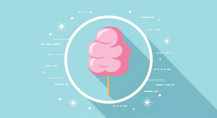 Pink Cotton Candy on a Stick Inside a Circle with Sparkles and Dashed Lines