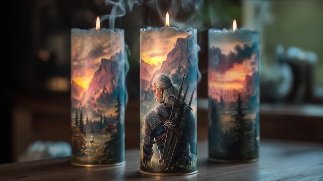 Decorative pillar candles with scenic landscape and character imagery