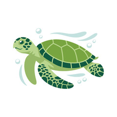 Green sea turtle swimming gracefully underwater with bubbles and gentle water waves scenic ocean life illustration