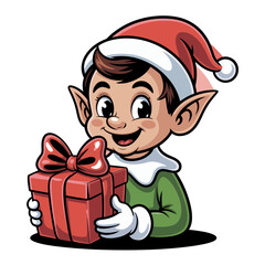 Smiling Christmas elf holding wrapped gift, cheerful helper portrait, clean white background, festive holiday sticker, vector graphic