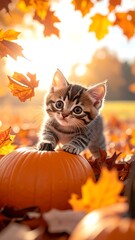 Adorable tabby kitten playing on a pumpkin amidst autumn leaves
