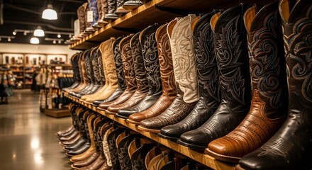 Rows of cowboy boots on a shelf in a store.