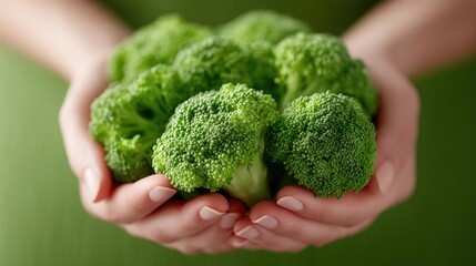 Woman Holding Fresh Green Broccoli Florets with Soft Lighting Against Green Background Healthy Food and Dietary Wellness Concept