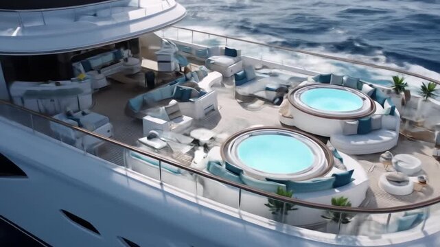 Luxury yacht deck with pools and seating modern design overhead view